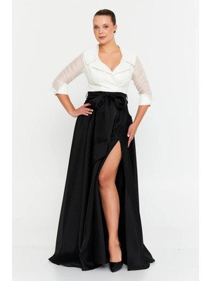 Şeref Vural Kadın Ceket Yaka Yarım Kol Geniş Beden Aralıklı Uzun Abiye Elbise 8460 Siyah-Beyaz