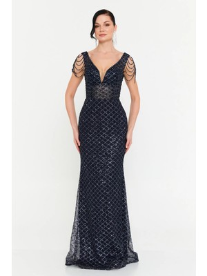 Alinexclusive Kadın Full Payet Işlemeli Omzu Taş Detaylı Geniş Beden Aralıklı Balık Form Abiye Elbise 1649 Lacivert