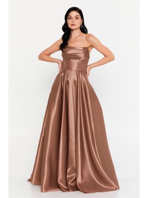 Doridorca Kadın Straplez Tafta Kumaş Uzun Abiye Elbise 7121 Mocha