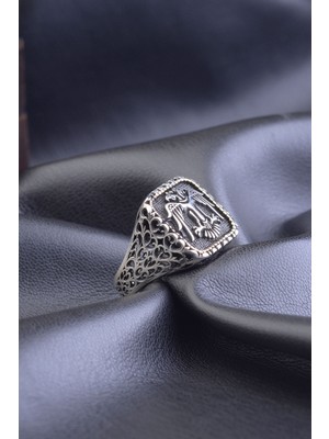 INNUENDO JEWELRY 925 Ayar Gümüş Selçuklu Kartalı İşlemeli Erkek Yüzük Kalem İşçilikli Desenli Şık Erkek Yüzük