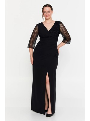 Doridorca Kadın Büyük Beden Kruvaze Kolları Taşlı Uzun Abiye Elbise 7019 Siyah