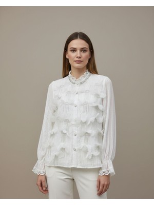 Rabiossa Kadın Kristal Taş Saçaklı ve Inci Düğmeli Tasarım Gömlek