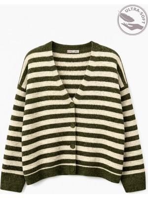 Mixray 7017 Kadın Yün Karışımlı Oversize Çizgili Triko Hırka Haki