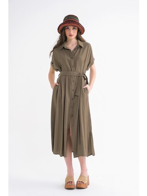 Mixray 4699 Kadın Düşük Kol Düğmeli Kuşaklı Elbise Haki