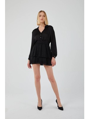 Mixray 4216 Kadın Katlı Mini Elbise Siyah