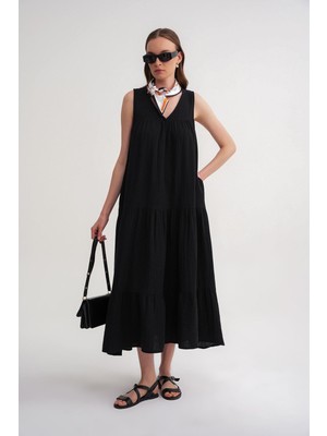 Mixray 4673 Kadın Büzgü Detaylı Müslin Elbise Siyah