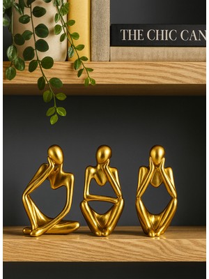 PremiumPort Modern Altın Renkli 3'lü Insan Vücut Heykel Dekor Seti