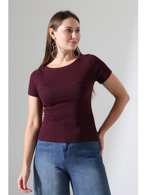 Endies Ribana Kumaş Kayık Yaka Kısa Kol Basic Kadın T-Shirt 21996 Mürdüm