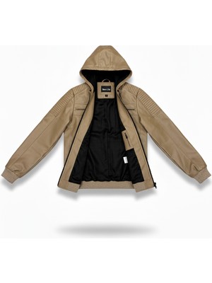 Mero Life Erkek Vizyon Dar Kesim Kapüşonlu Bel Lastikli Ribanalı Deri Ceket & Mont