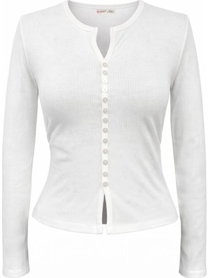 Mixray 2047 Kadın Yanı Büzgülü V Yaka Düğmeli Bluz Beyaz