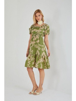 Mixray 4313 Kadın Desenli Balon Kol Elbise Yeşil