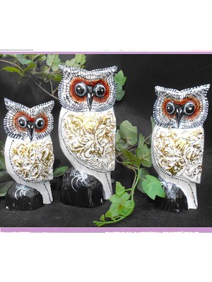 PremiumPort El Yapımı Doğal Ahşap 3’lü Baykuş Biblo Seti, Bahçe ve Ofis Dekoru