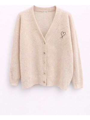 Mixray 6953 Kadın Oversize Yün Karışımlı Premium Kalp Nakışlı Hırka Taş Marn