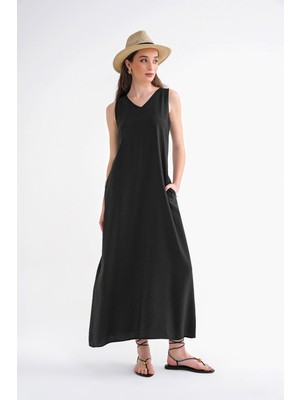 Mixray 4694 Kadın Cepli V Yaka Uzun Basic Elbise Siyah