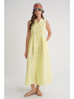 Mixray 4702 Kadın Pileli Gömlek Elbise Sarı
