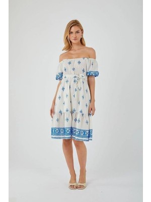 Mixray 4309 Madonna Yaka Elbise Mavi