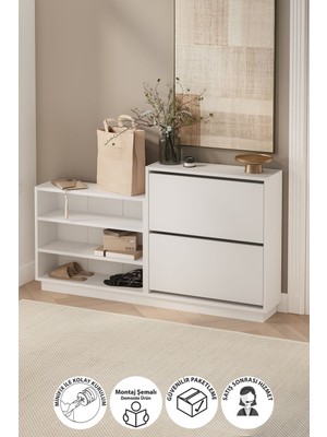 Bofigo Düşer Kapak Ayakkabılık 2 Kapaklı 5 Bölmeli Kayar Raflı Ayakkabılık Serap Beyaz