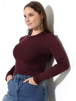 Endies Bisiklet Yaka Penye Kompakt Esnek Kumaş Uzun Kol Bluz 21651 Mürdüm