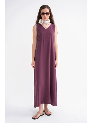 Mixray 4694 Kadın Cepli V Yaka Uzun Basic Elbise Bordo