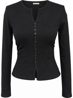 Mixray 2047 Kadın Yanı Büzgülü V Yaka Düğmeli Bluz Siyah