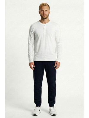 Cottonland Erkek Celso Uzun Kollu Düğmeli O Yaka Baskısız Penye Tişört