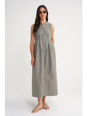 Mixray 4702 Kadın Pileli Gömlek Elbise Haki