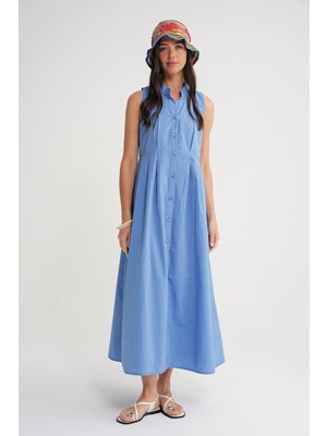 Mixray 4702 Kadın Pileli Gömlek Elbise Mavi