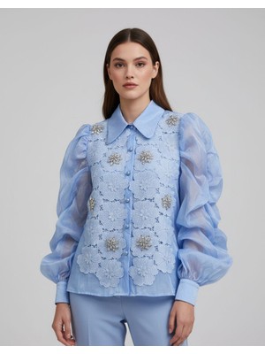 Rabiossa Kadın Balon Kol Inci Düğmeli Güpür Detaylı Gömlek