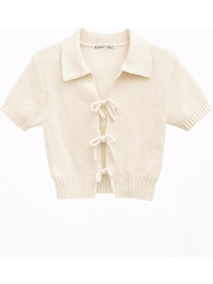 Mixray 2045 Kadın Biritli Kısa Kol Polo Yaka Triko Hırka Naturel