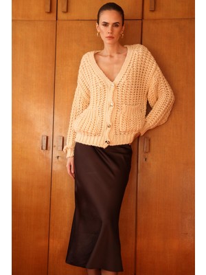 Mixray 6967 Kadın Cepli Kalın Selanik Hırka Krem