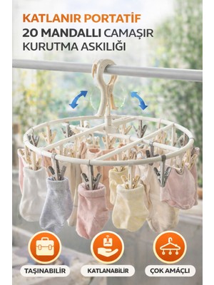 Ecuy Katlanır Portatif 20 Mandallı Çorap ve Iç Çamaşırı Askısı Taşınabilir Çamaşır Kurutmalık