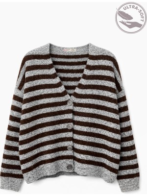 Mixray 7017 Kadın Yün Karışımlı Oversize Çizgili Triko Hırka Gri