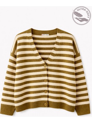 Mixray 7017 Kadın Yün Karışımlı Oversize Çizgili Triko Hırka Yağ Yeşili