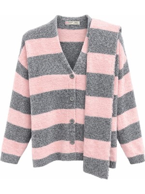 Mixray 7019 Kadın Kalın Çizgili Yün Karışımlı Triko Şal Hırka Takım Gri