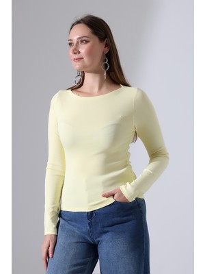 Endies Uzun Kollu Kayık Yaka Vücudu Saran Basic Kadın Body T-Shirt 21897 Açık Sarı