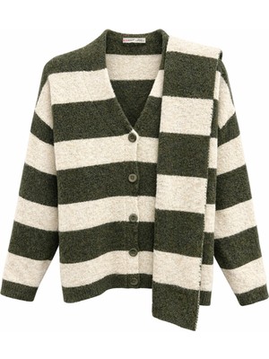 Mixray 7019 Kadın Kalın Çizgili Yün Karışımlı Triko Şal Hırka Takım Haki