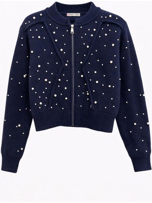 Mixray 2044 Kadın Inci Detaylı Desenli Triko Hırka Lacivert