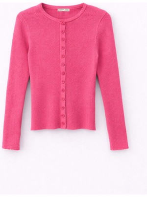 Mixray 6931 Kadın Düğmeli Fitilli Triko Hırka Fuşya