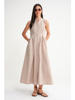 Mixray 4702 Kadın Pileli Gömlek Elbise Taş