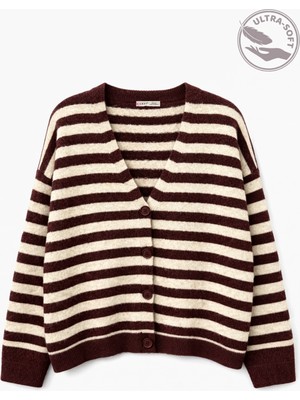 Mixray 7017 Kadın Yün Karışımlı Oversize Çizgili Triko Hırka Bordo
