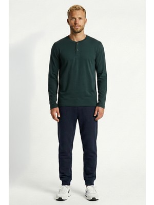 Cottonland Erkek Celso Uzun Kollu Düğmeli O Yaka Baskısız Penye Tişört