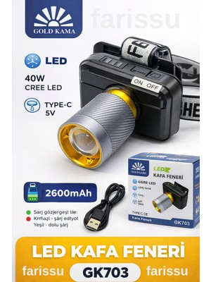 farissu GK703 LED Kafa Lambası | 4000 Lümen | 40W Cree LED | Type-C Şarjlı | 3 Mod | Zoomlu