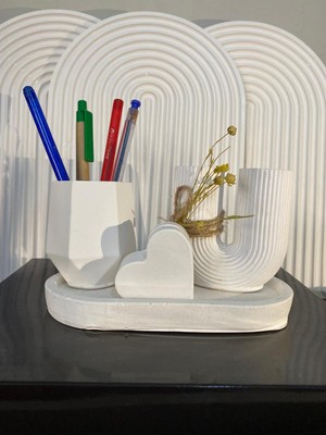 PremiumPort Şık Taş Görünümlü Kalemlik, Notluk ve Obje Seti, Ofis ve Ev Dekoru