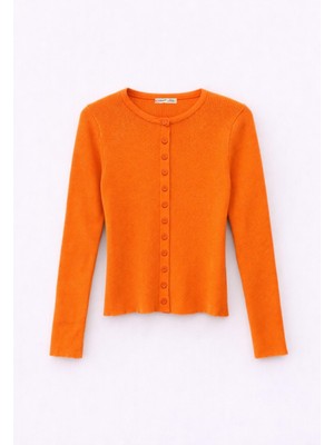 Mixray 6931 Kadın Düğmeli Fitilli Triko Hırka Oranj