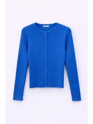 Mixray 6931 Kadın Düğmeli Fitilli Triko Hırka Koyu Mavi