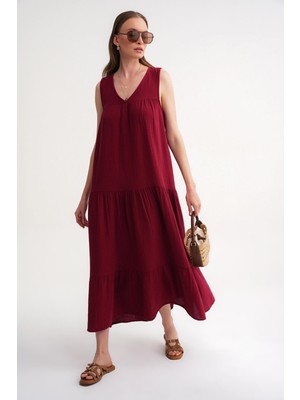 Mixray 4673 Kadın Büzgü Detaylı Müslin Elbise Bordo