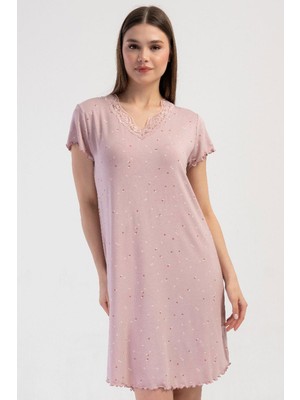 Vienetta Kadın Büyük Beden Viskon Gecelik Tunik Kısa Kol Gül Kurusu C2T1N3904