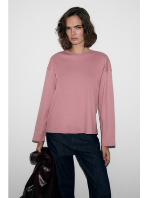 Grimelange Neat Kadın Organik Pamuklu Bisiklet Yaka Oversize Fit Uzun Kollu Pembe T-Shirt