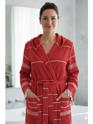 Luna %100 Pamuk Peştemal Bornoz Kapüşonlu Unisex- Kırmızı
