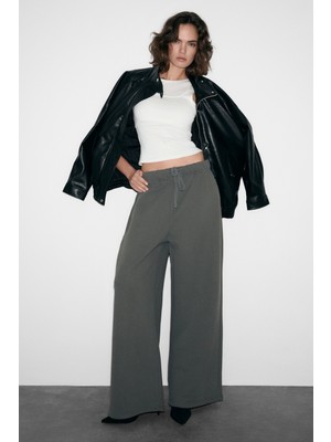 Grimelange Kenyot Kadın Organik Pamuklu Nakış Işlemeli Geniş Paçalı Relaxed Fit Antrasit Eşofman Altı